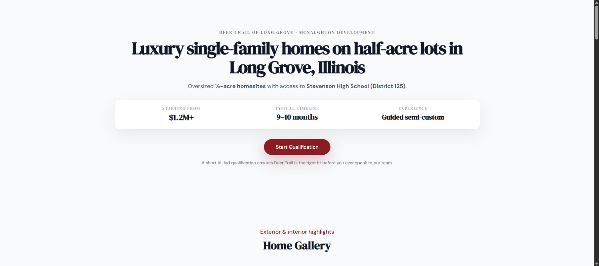 Deer Trail project landing page introducing semi-custom homes in Long Grove
