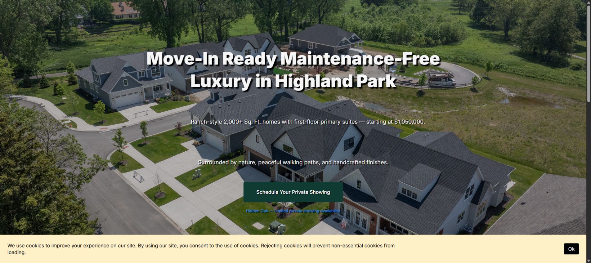 Hidden Oak project landing page with an aerial view of the Highland Park community