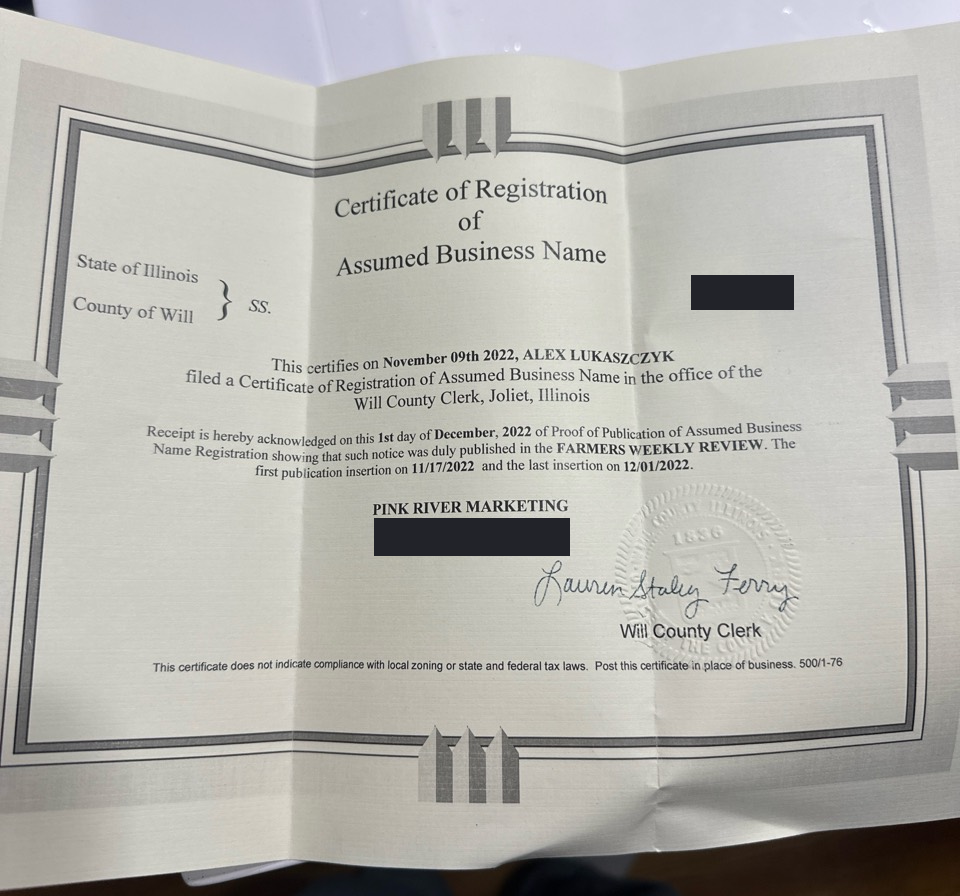 Pink River Marketing assumed-business-name registration, with personal details removed